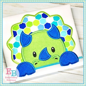 Triceratops Boy Peeker Applique, INSTANT DOWNLOAD, Multiple Sizes & Formats, Machine Embroidery Digital Design File, Dinosaur Design for Boy