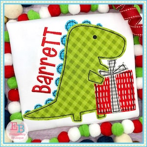 Dino Present Bean Stitch Applique, INSTANT DOWNLOAD, Multiple Sizes & Formats, Machine Embroidery Digital File, Fun Christmas Gift Design