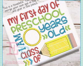 First Day Preschool Embroidery Design, INSTANT DOWNLOAD, Multiple Sizes & Formats, Machine Embroidery Digital File, School Stats Pencil