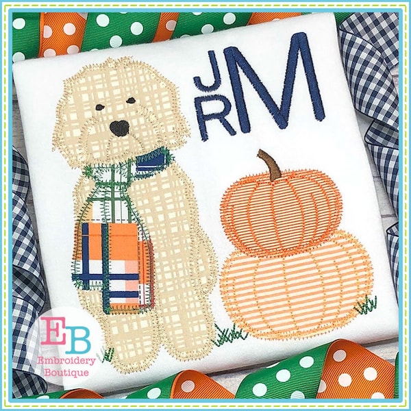 Doodle Pumpkins Zigzag Applique, INSTANT DOWNLOAD, Multiple Sizes & Formats, Machine Embroidery File, Thanksgiving Fall Labradoodle Dog