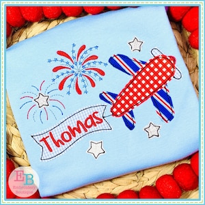 Plane Banner Fireworks Applique, 4th July Design, INSTANT DOWNLOAD, Multiple Sizes & Formats, Machine Embroidery File, Red White and Blue