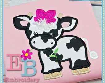Cow with Bow Applique: Farm Animal Embroidery Design (Digital Download)