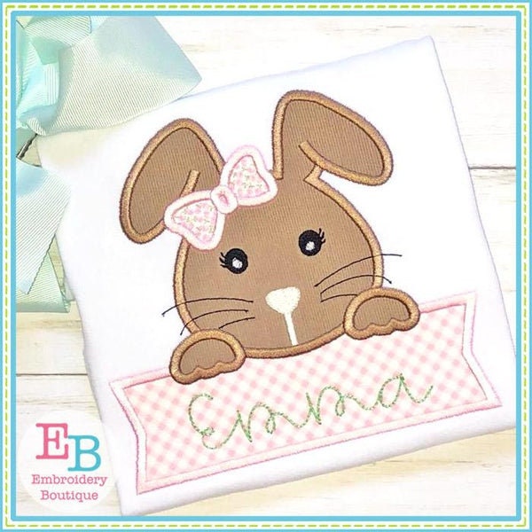 Girl Bunny Banner Satin Applique, INSTANT DOWNLOAD, Multiple Sizes & Formats, Machine Embroidery Digital File, Fun Easter Rabbit Design