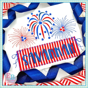 May include: Embroidered design featuring red, white, and blue fireworks with the name "Savannah" in blue lettering on a red and white striped banner.