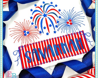 Firework Banner Bows Bean Applique: 4th July Embroidery Design (Digital File)