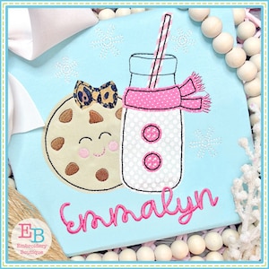 Milk Cookies Bow Bean Stitch Applique, INSTANT DOWNLOAD, Multiple Sizes & Formats, Machine Embroidery Digital File, Fun Xmas Cooking Design