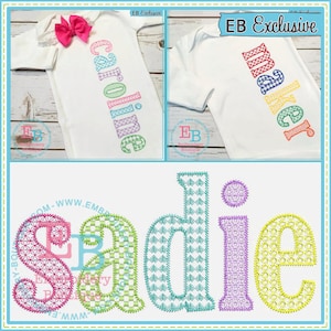 May include: A set of three embroidered designs for a baby onesie. The designs are "Caroline", "Maker", and "Sadie". The letters are outlined in different colors and filled with a checkered pattern.