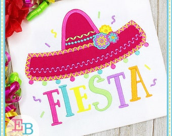 May include: Embroidered design of a pink sombrero with colorful flowers and the word "FIESTA" in bright colors.