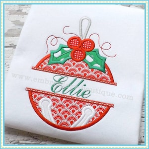 May include: Red and green Christmas ornament embroidery design with a white outline and the name "Ellie" in a banner.