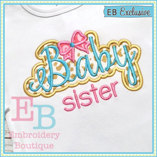 Baby Sister Bow Applique, INSTANT DOWNLOAD, Multiple Sizes & Formats, Machine Embroidery Digital File, Birth Announcement Sibling Design