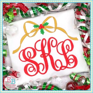 Holly Bow Monogram Frame Embroidery Design, INSTANT DOWNLOAD, Multiple Sizes & Formats, Machine Embroidery File, Festive Christmas Monogram
