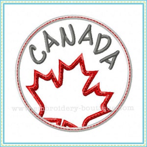 Könnte beinhalten: Ein rotes Ahornblatt mit weißem Umriss in einem Kreis mit dem Wort "CANADA" in grauer Schrift um das Blatt.