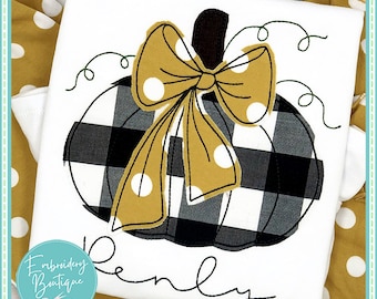 Pumpkin Bow Bean Stitch Applique: Fall Embroidery Design (Digital File)