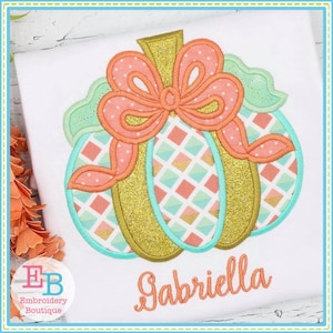 Girl&#39;s Pumpkin Applique Design, INSTANT DOWNLOAD, Multiple Sizes & Formats, Machine Embroidery File, Thanksgiving Fall Halloween Design