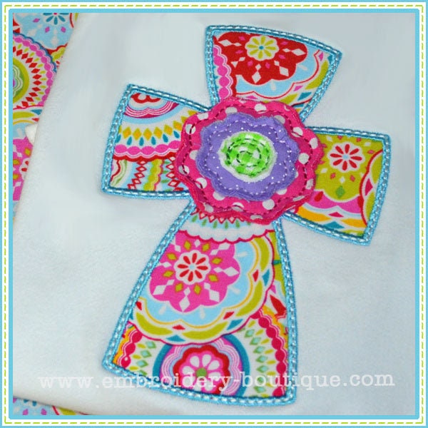 Cross With Raggy Flower Applique, INSTANT DOWNLOAD, Multiple Sizes & Formats, Machine Embroidery Digital File, Fun Easter Religious Design