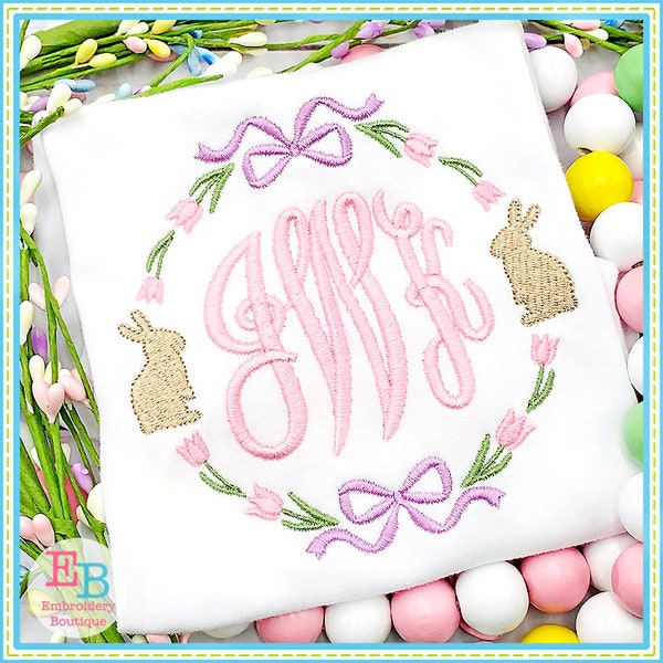 Bunny Tulip Embroidery Frame, INSTANT DOWNLOAD, Multiple Sizes & Formats, Machine Embroidery Digital Design File, Easter Monogram Frame