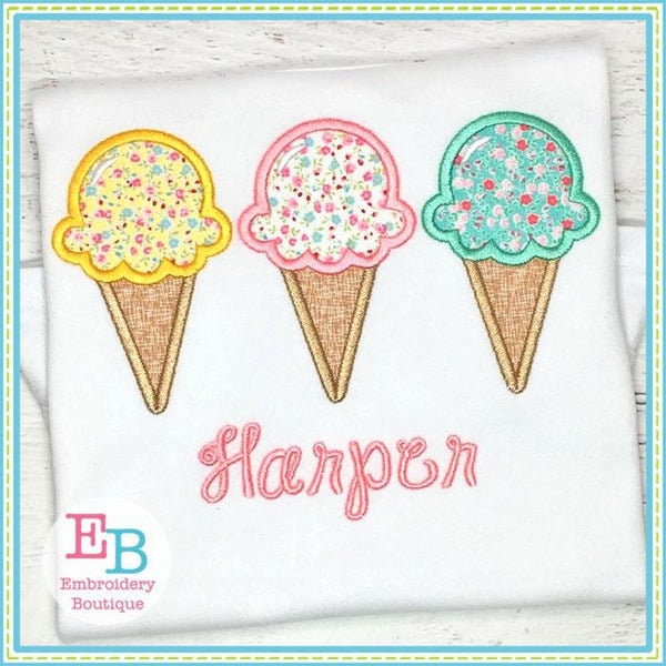 Ice Cream Cone Trio Applique, INSTANT DOWNLOAD, Multiple Sizes & Formats, Machine Embroidery Digital File, Summer Beach Fun Design