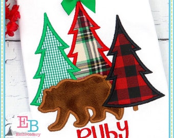 Bear & Trees Applique - Satin Stitch Machine Embroidery Design (Instant Download)