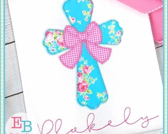 Cross With Bow Zigzag Applique: Machine Embroidery Design (Instant Download)