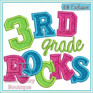 Third Grade Rocks Applique Design, INSTANT DOWNLOAD, Multiple Sizes & Formats, Machine Embroidery Digital Design File, Back to School Saying