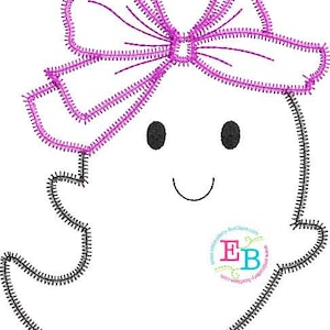 May include: A white ghost with a pink bow, black eyes, and a smiling mouth. The ghost is outlined in black.
