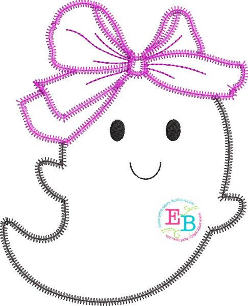 May include: A white ghost with a pink bow, black eyes, and a smiling mouth. The ghost is outlined in black.