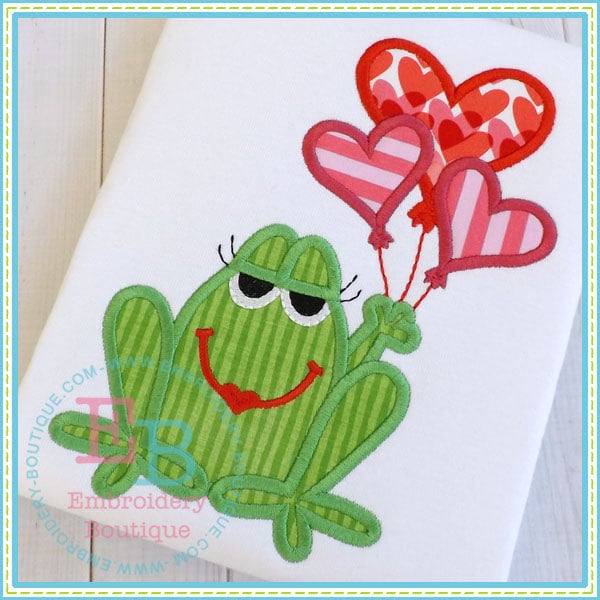 Girl Vday Frog Applique, INSTANT DOWNLOAD, Multiple Sizes & Formats, Machine Applique Embroidery Digital File, Valentine Love Hearts