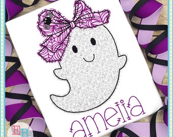 Ghost Big Bow Bean Stitch Applique: Halloween Embroidery Design (Instant Download)