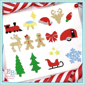 Puede incluir: Un conjunto de 14 diseños de bordado con temática navideña. Los diseños incluyen un tren, un reno, una pareja de jengibre, un lazo, una caravana, un copo de nieve, una estrella, un árbol de Navidad, un gorro de Papá Noel, una escena del pesebre, un trineo y una cabeza de ciervo.