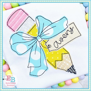 Pencil Big Bow Bean Applique, INSTANT DOWNLOAD, Multiple Sizes & Formats, Machine Embroidery Digital File, Back to School Design