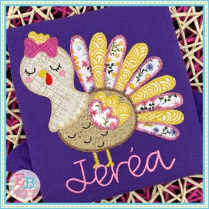 Girl Turkey Zigzag Stitch Applique Design, INSTANT DOWNLOAD, Multiple Sizes & Formats, Machine Embroidery File, Fun Thanksgiving Design