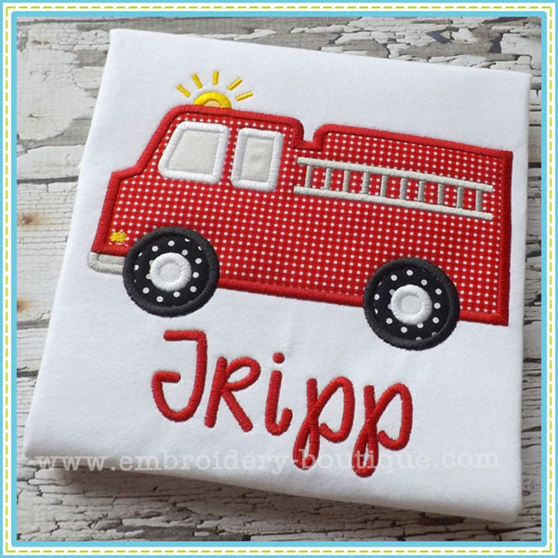 Claire & Charlie Boys Shirt - Royal Blue Stripes - Applique Firetruck main image 0