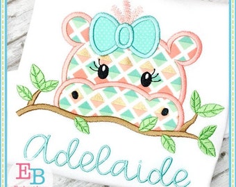 Hippo Girl Peeker Applique, INSTANT DOWNLOAD, Multiple Sizes & Formats, Machine Applique Embroidery Digital File, Jungle Animal