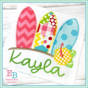 3 Surfboards with Flower Zigzag Applique, INSTANT DOWNLOAD, Multiple Sizes & Formats, Machine Embroidery Digital File, Summer Surfing Beach