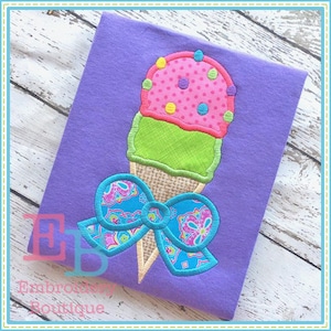 Ice Cream Cone Bow Applique Design, INSTANT DOWNLOAD, Multiple Sizes & Formats, Machine Embroidery Digital File, Fun Summer Design for Girl