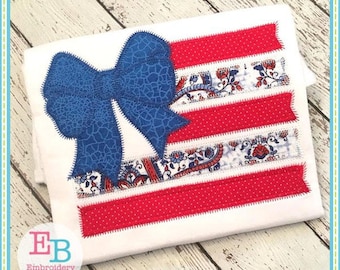 Flag Bow Zigzag Applique: 4th July Machine Embroidery Design (Digital File)