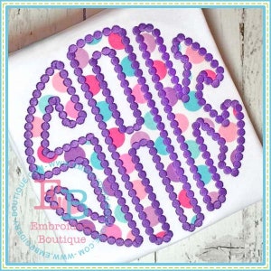 May include: Purple monogram letter "G" outlined with small circles on a white background with a pink, purple, and blue polka dot pattern.