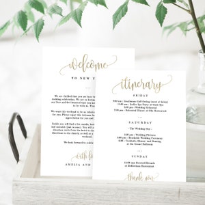 Carta de agradecimiento de bienvenida a la boda e itinerario de boda Bolsas de bienvenida para bodas hechas a mano Descarga instantánea Plantilla de Canva imprimible #LCG Lámina de oro falso