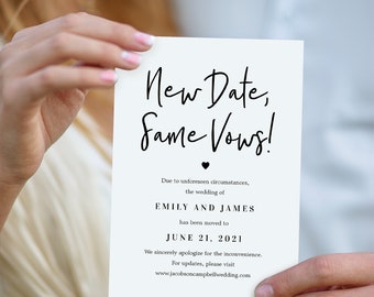 New Date Same Vows Printable Change The Date Template - Wedding Update Card, Postponed Wedding, Change Of Plans Instant Download Templett