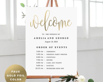 Wedding Welcome Order of Events Sign - Wedding Welcome Sign Editable PDF Template Instant Download - Lovely Calligraphy #LCC Faux Gold Foil