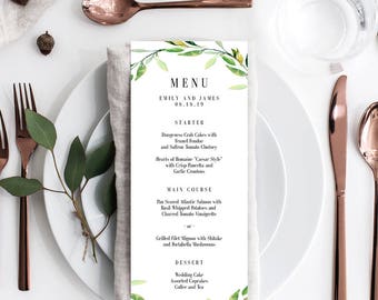 Wedding Menu Card, Printable Menu Card Template, Green Wedding, Instant Download Editable Template - GREEN FOLIAGE #GFC