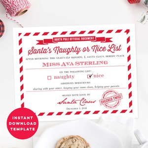 Custom Santa's Naughty or Nice List Certificate Printable Letter From Santa Template with Editable Text Boxes Instant Download image 1