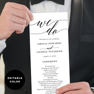 Op de afbeelding: Een programma voor een huwelijksceremonie met een zwart-wit ontwerp. Het programma bevat de tekst "wedo" in een cursief schrift, gevolgd door de namen Amelia Edwards en George Peterson, en de datum 31 augustus 2030. Het programma geeft de volgorde van de ceremonie weer, inclusief de processie, het plaatsnemen van de ouders, de intocht van de bruid, de lezingen, de homilie, de uitwisseling van geloften, en meer.