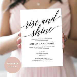 May include: White wedding brunch invitation with black calligraphy text that reads "rise and shine". The invitation is for Amelia and George on Sunday, September 1st, 2030 at 11:00 am at the Ulu Kitchen in The Westin Maui Hotel in Maui, Hawaii. RSVP by August 5th to name@email.com or 123.456.7890.