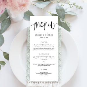 Plantilla editable de Canva para menú de boda, diseño y color personalizables, tarjetas de menú imprimibles, descarga instantánea, caligrafía encantadora #LCC