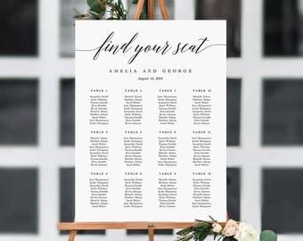 ON SALE - 7 Sizes Wedding Seating Chart Template, Editable Wedding Table Seating Chart Sign Instant Download Modern Find Your Seat MSC