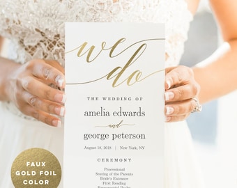 Wedding Program Editable Template - Printable Wedding Program - Instant Download - Modern Script #MSC Faux Gold Foil Color