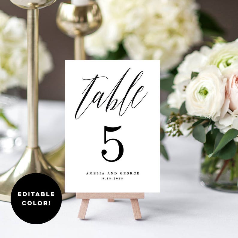 Editable Color Table Number Card, MODERN SCRIPT Printable Wedding Table Number Template Instant Download MSC image 4