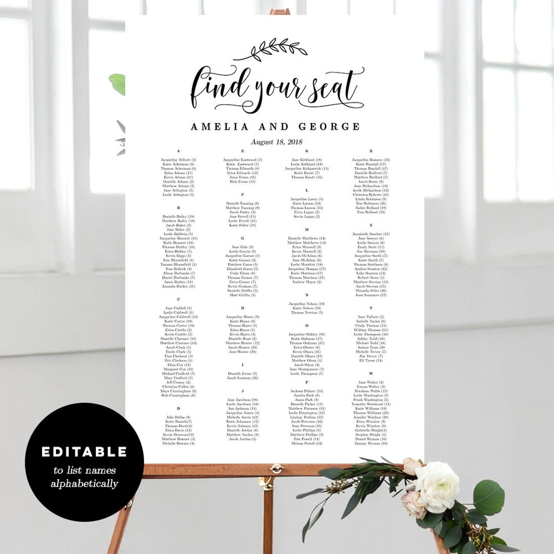 7 Sizes Wedding Seating Chart Template Editable Wedding Table - Etsy