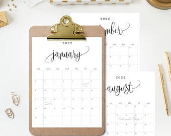 Printable 2022 Calendar Modern Calendar Planner Lovely Calligraphy #LCC Instant Download